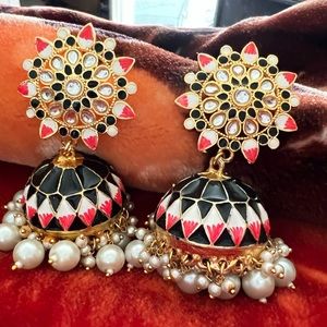 Gold Plated Meenakari Jhumka Earrings with Pearls